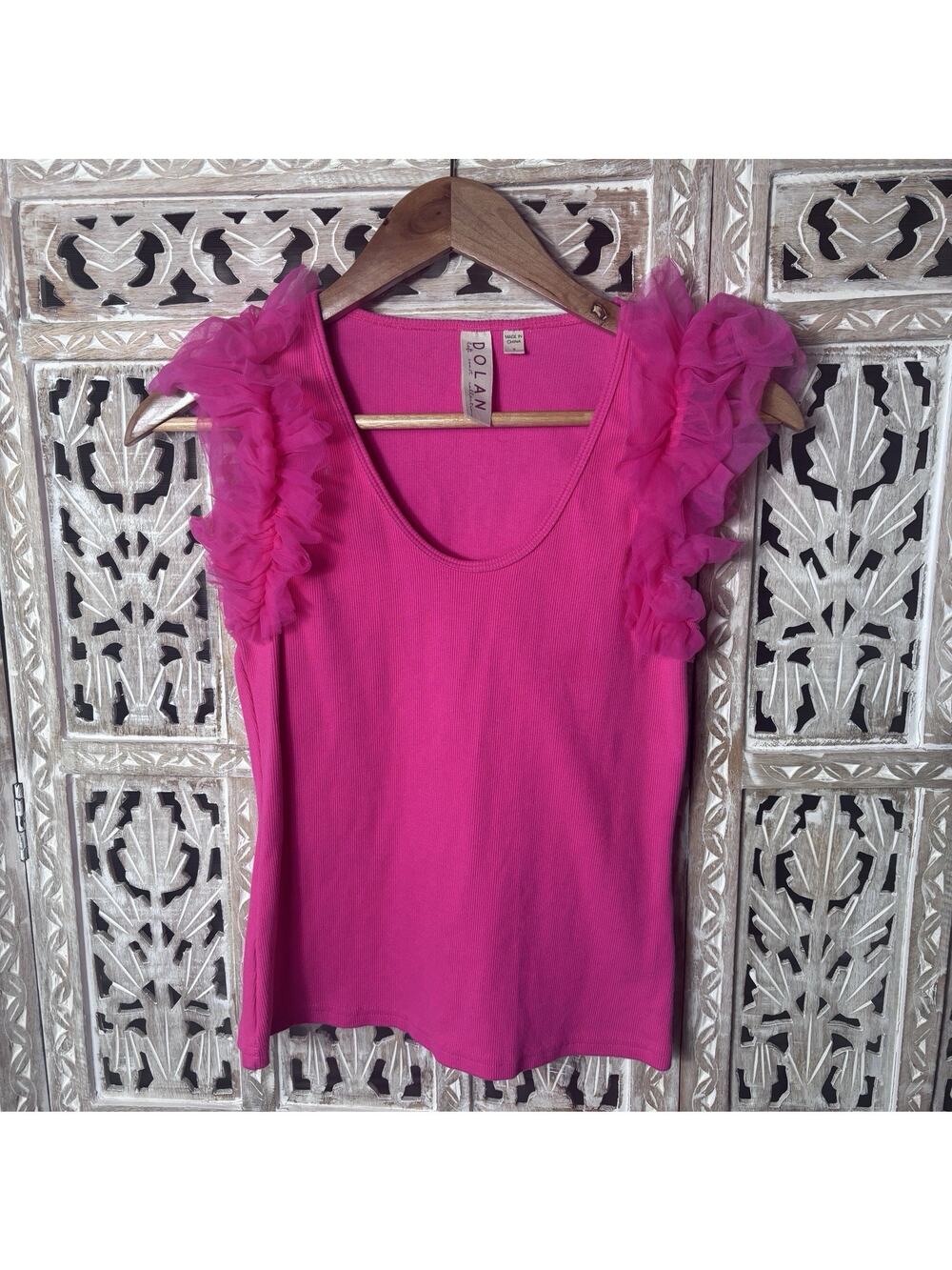 Anthropologie Dolan Hot Pink Tulle Sleeve Ribbed Knit Top SZ S Balletcore Fairy